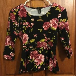Floral Forever 21 Peplum Top Black S EUC